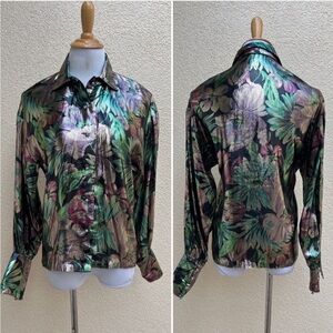 Vintage Floral metallic lame floral button down lamé blouse - black, green, pink